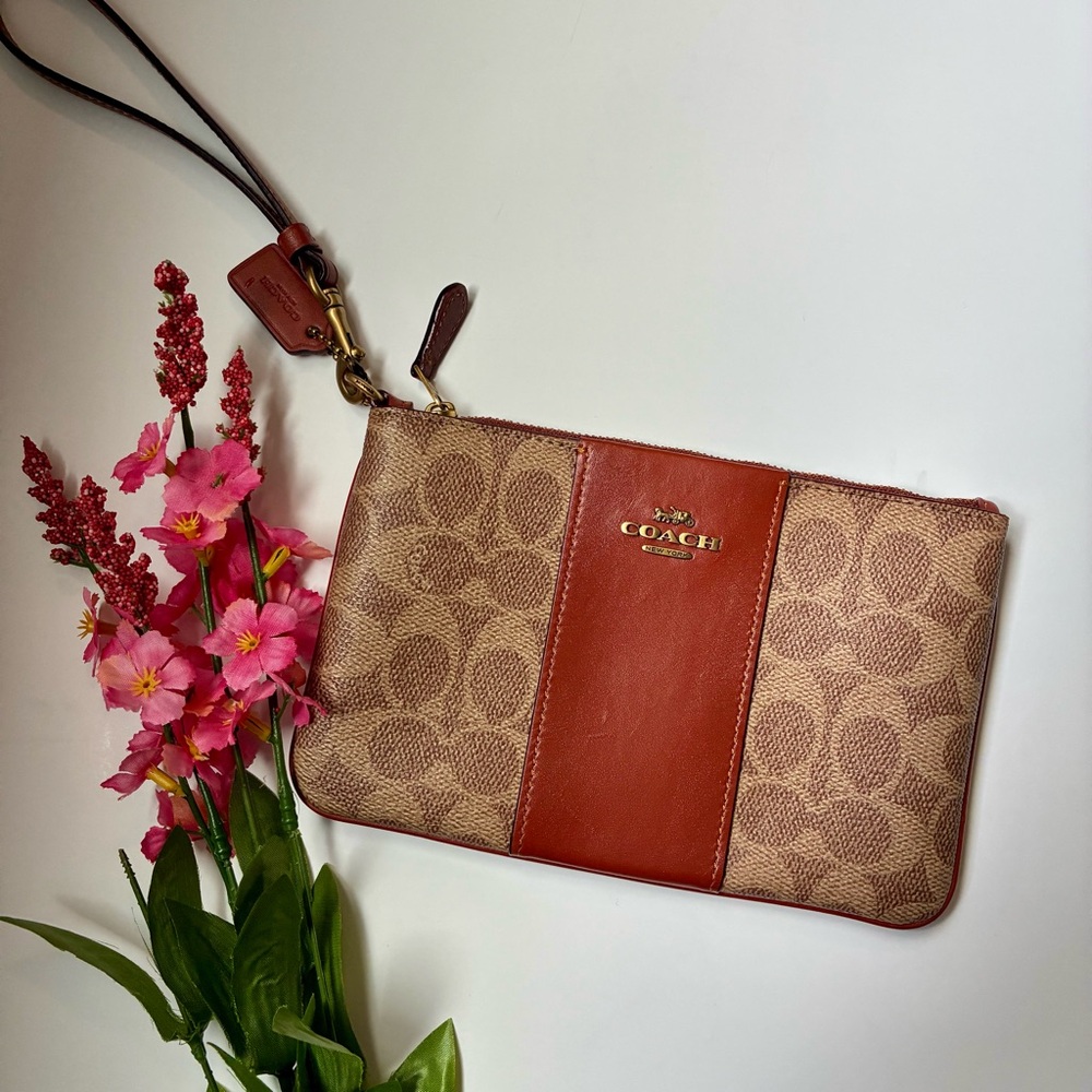 Coach Signature Tan and Brown Wristlet